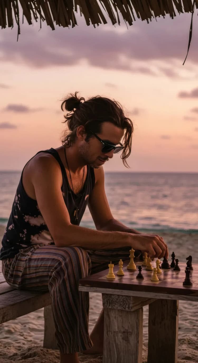 Santiago Narváez, instructor de Chill Chess Club, jugando ajedrez en la playa